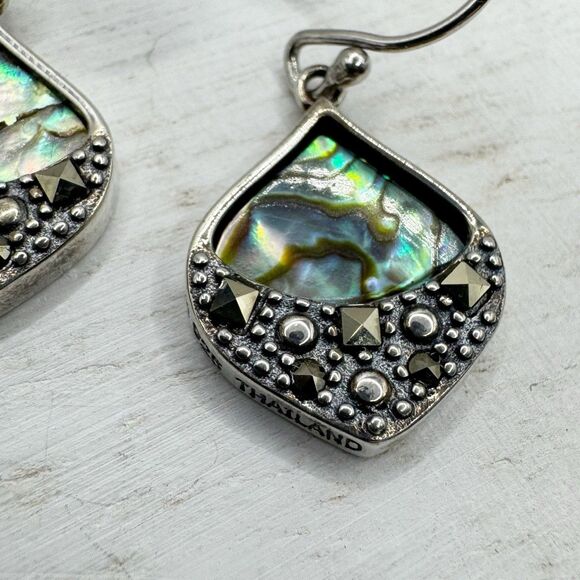 Sterling Silver Abalone Marcasite Sparkling Iridescent Drop Earrings SLC 925 Th - Picture 11 of 16